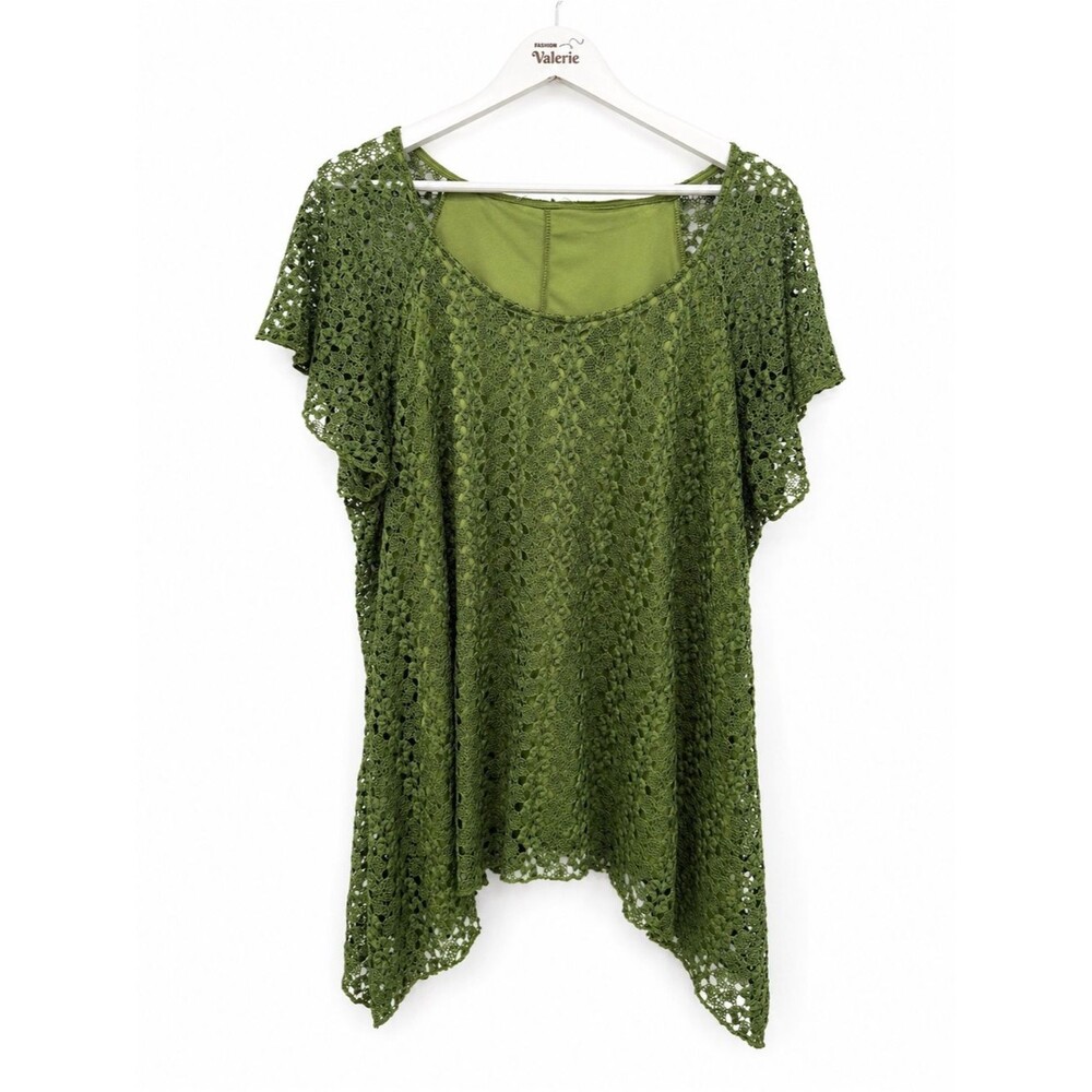 Dressbarn Green Crochet Blouse Top Asymmetrical Sheer Sleeve Size 2X Plus